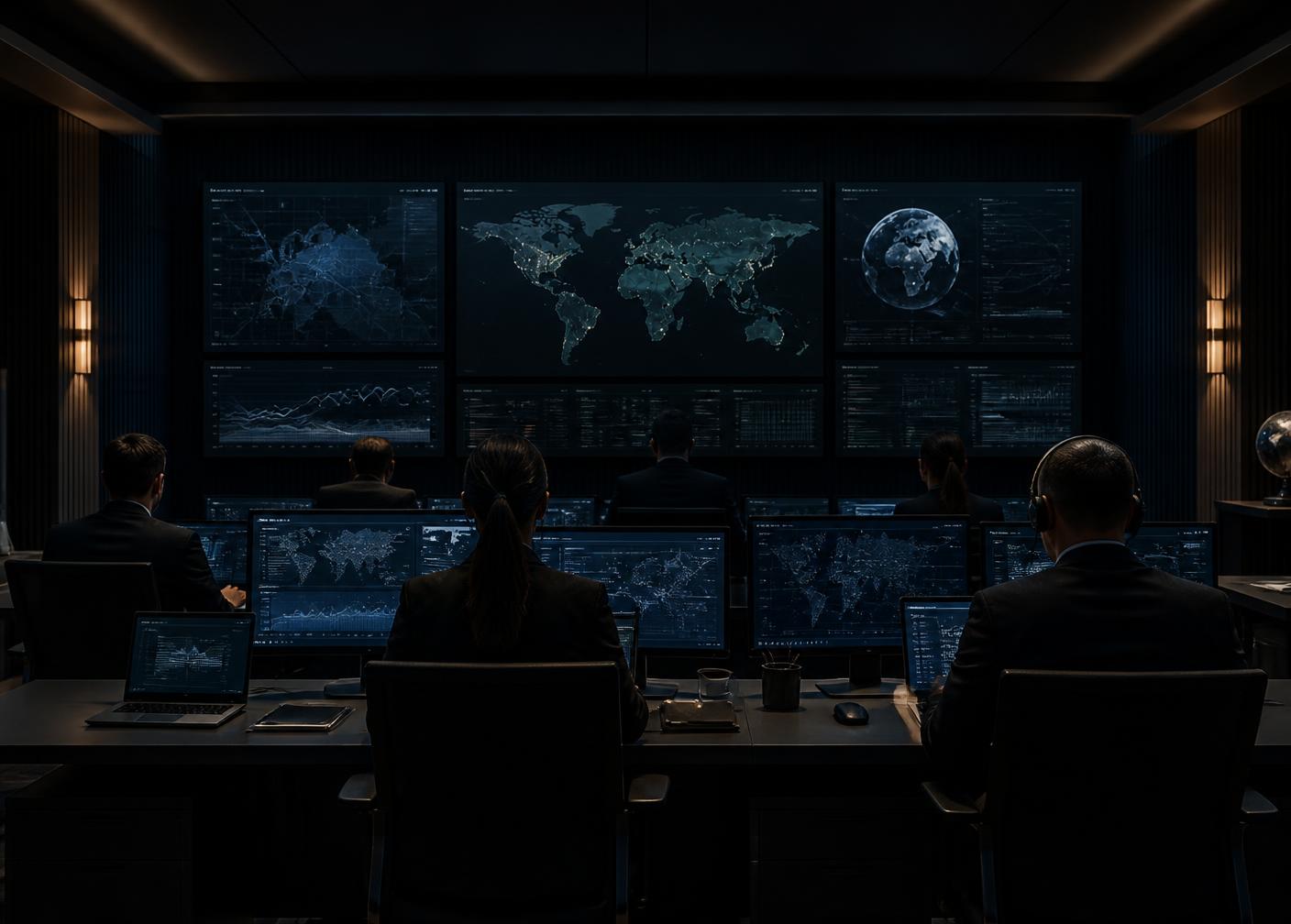 Professionals working calmly in a low-lit coordination environment
